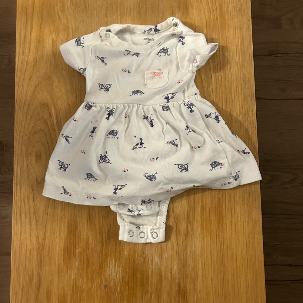 White Baby Dress with Blue Dog Print
